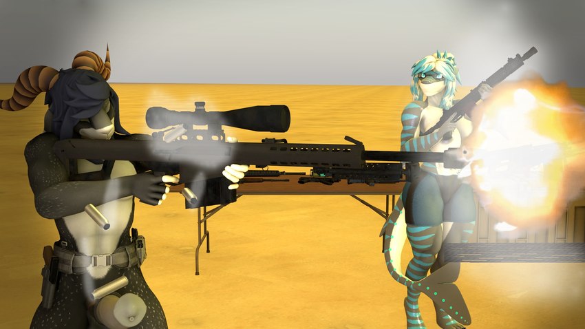 ak_platform anthro assault_rifle barrett_m82 big_breasts big_penis blue_hair breasts clothed clothing desert duo female furniture genitals glock_17 gun hair long_hair male male/female partially_clothed penis ranged_weapon rifle scope shooting_gun sniper_rifle sniper_scope table topless topless_female weapon white_hair demonslairsfm isaac_(demonslairsfm) nika_sharkeh bovid caprine fish goat mammal marine shark 16:9 hi_res widescreen