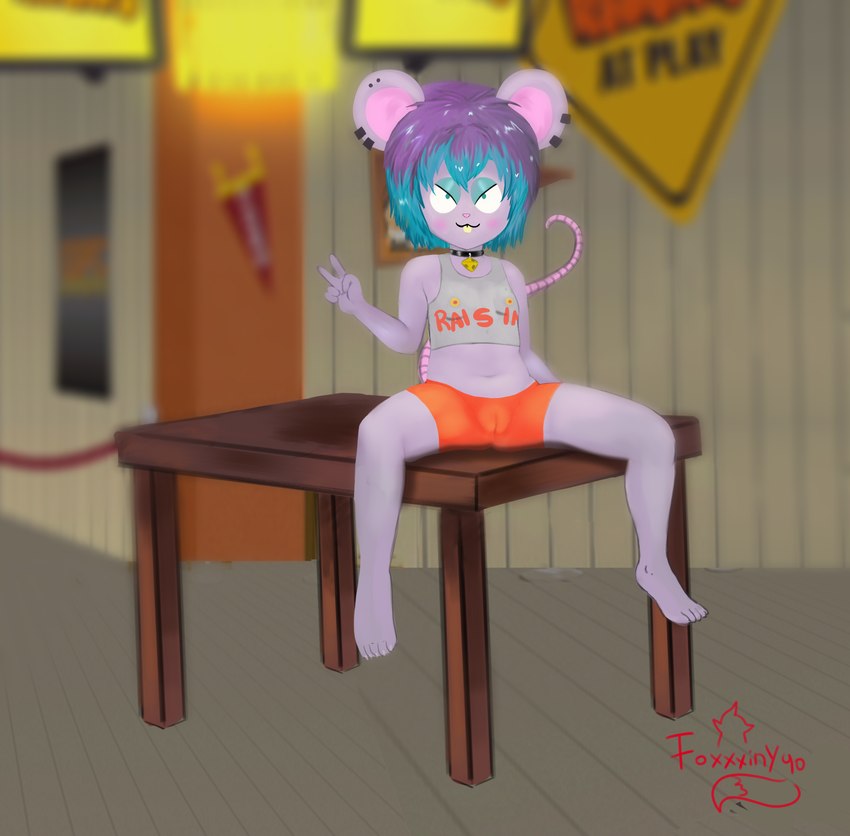 anthro bar barefoot clothing collar ear_piercing feet female gesture hair hand_gesture loli piercing purple_body purple_hair solo suggestive tail v_sign young foxxxiny90 comedy_central raisins_girls south_park bianca_winter_(lilmousybianca) mammal mouse murid murine rodent absurd_res hi_res