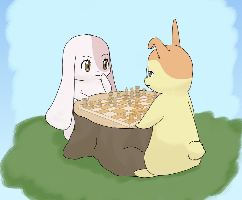 anthro blue_eyes brown_eyes chess duo eyelashes eyewear female fur glasses male orange_body orange_fur pink_body pink_fur romantic romantic_couple semi-anthro short_fur simple_background thinking thoughtful_expression tree_stump yellow_body yellow_fur improbable_(artist) happy_happy_clover pixiv sayuri_tatsuyama mallow_(happy_happy_clover) shallot_(happy_happy_clover) domestic_rabbit lagomorph leporid lop_rabbit mammal oryctolagus rabbit hi_res