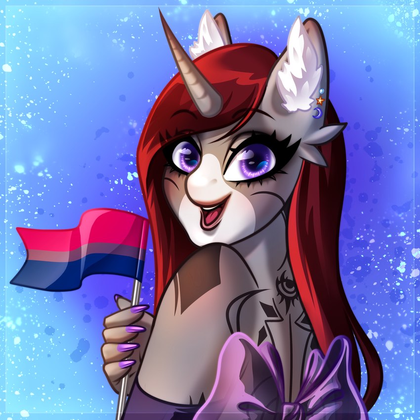 anthro bisexual_pride_colors clothing dress ear_piercing female female_anthro flag flag_(object) holding_flag holding_object horn inner_ear_fluff lgbt_pride looking_back markings piercing pride_color_flag pride_colors smile smiling_at_viewer snip_(marking) solo tuft unicorn_horn minamikoboyasy hasbro lgbt_pride_month my_little_pony mythology selune_darkeye equid equine mammal mythological_creature mythological_equine unicorn 1:1 absurd_res hi_res