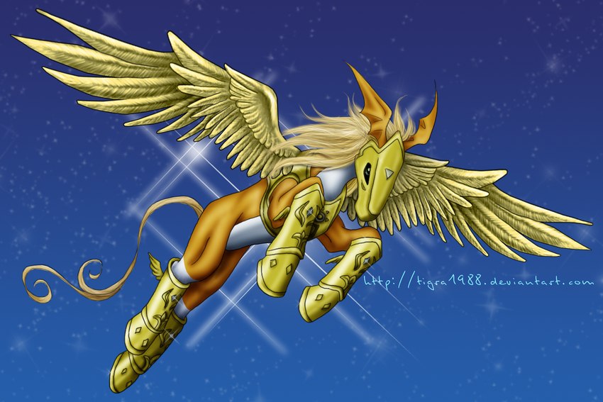 armor black_sclera boots clothing feathers feral feral_armor flying footwear furgonomics green_eyes head_wings male mane orange_body shoes solo spread_wings tail unusual_wing_placement white_body wings yellow_body yellow_feathers tigra1988 bandai_namco digimon mythology digimon_(species) equid equine mammal mythological_creature mythological_equine pegasus pegasusmon 2010 3:2 digital_media_(artwork)