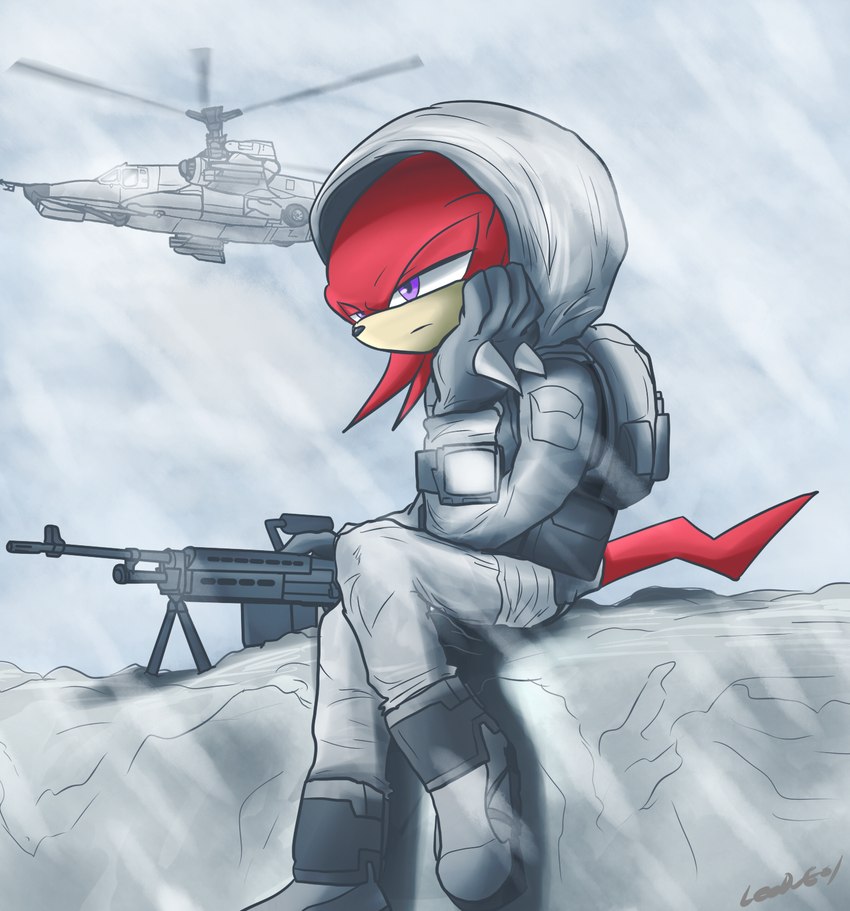 aircraft anthro blizzard_(weather) clock clothing coat gloves gun handwear helicopter machine_gun male ranged_weapon snow solo topwear vehicle watch weapon winter_camo winter_coat endjfcar sega sonic_the_hedgehog_(series) knuckles_the_echidna echidna mammal monotreme 2015 digital_media_(artwork) hi_res