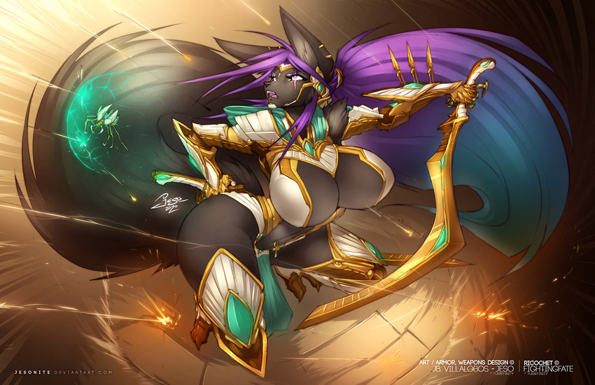 ankh ankh_piercing anthro armor big_breasts bottomwear breasts clothing drone ear_piercing ear_ring egyptian female gold_(metal) hair huge_breasts khopesh loincloth melee_weapon multicolored_hair navel navel_piercing navel_ring piercing purple_eyes ring_piercing scar shield solo sword unconvincing_armor weapon jesonite anubian_jackal arthropod beetle canid canine canis dung_beetle insect jackal mammal sacred_scarab scarabaeid