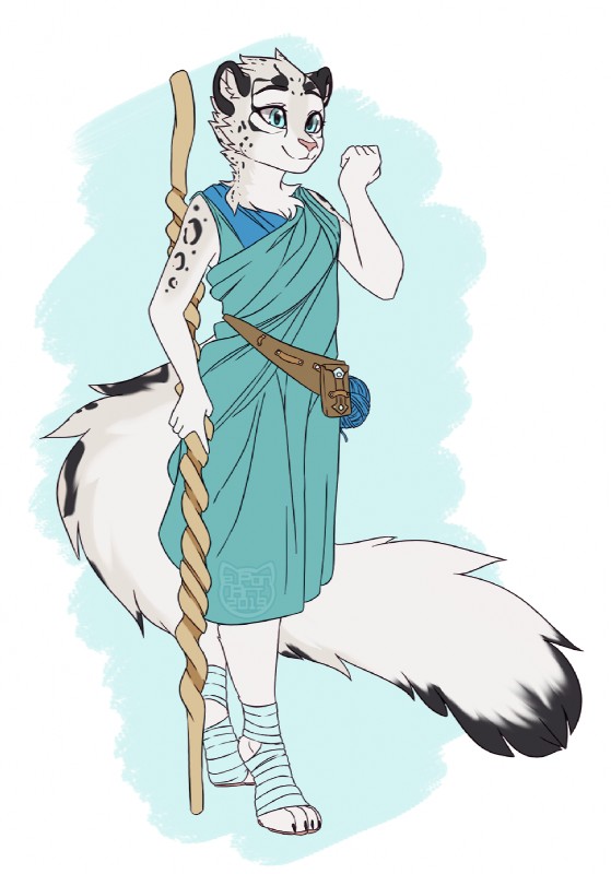 ankle_wraps anthro blue_eyes cheek_tuft clothing dress facial_tuft female fluffy fluffy_tail holding_object inner_ear_fluff simple_background smile solo staff standing tail tuft yarn e-pon felid mammal pantherine snow_leopard hi_res