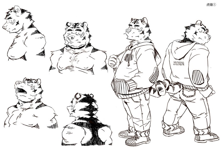 anthro bottomwear butt clothing hoodie humanoid_hands kemono male moobs multiple_poses nipples pants pose simple_background solo topwear white_background motogen felid mammal pantherine tiger 2011 model_sheet