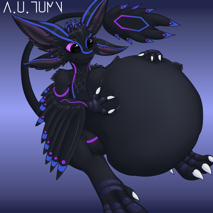 anthro belly big_belly black_body dark_body dark_fur feathers fur male purple_eyes same_size_vore solo vore a.u.tumn avali 1:1 hi_res