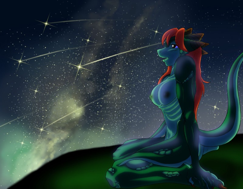 anthro biped blue_body blue_eyes blue_skin breasts claws female green_body green_skin hair horn kneeling long_hair meteor_shower meteor_storm night nipples non-mammal_breasts non-mammal_nipples nude outside red_hair shooting_star side_view sky solo star star_gazing stargazing starry_sky tail kemonolove mythology dragon mythological_creature mythological_scalie scalie 2005 hi_res