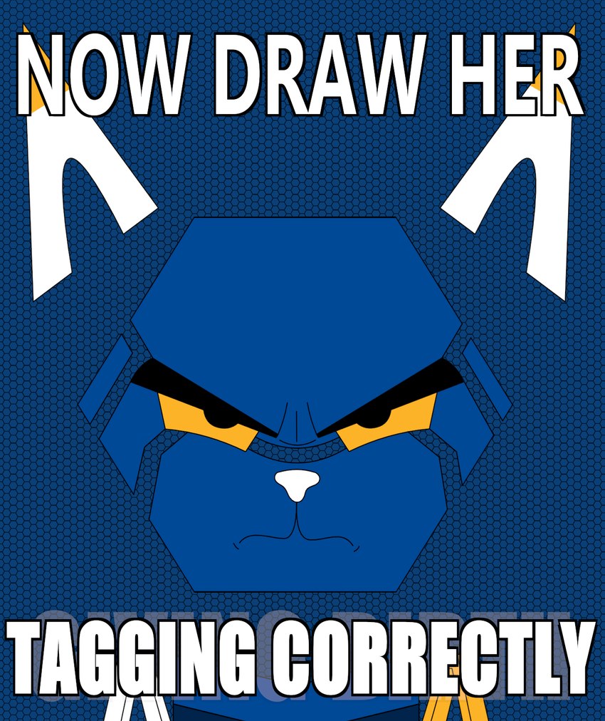 ambiguous_gender anthro blue_background bold_text frown frown_eyebrows frowning_at_viewer hexagon humor looking_at_viewer machine mascot orange_eyes shitpost simple_background solo text white_text redcrystal e621 now_draw_her_giving_birth esix android domestic_cat felid feline felis mammal robot 2025 hi_res impact_(font) meme reaction_image