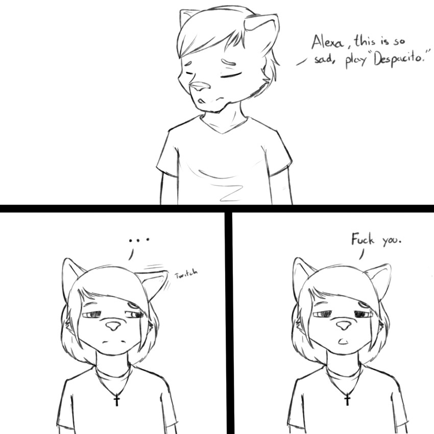 ambiguous_gender anthro cross cross_necklace dialogue duo ear_twitch ellipsis female humor jewelry necklace profanity text musso despacito alexa_(musso) canid canine canis coyote mammal 1:1 comic english_text hi_res monochrome multiple_images sketch