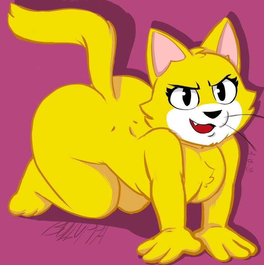 all_fours anthro ass_up breasts butt crossgender fangs female fur looking_at_viewer nude pupils simple_background slit_pupils small_breasts smile solo teeth yellow_body yellow_fur bulluppa hanna-barbera top_cat_(series) top_cat domestic_cat felid feline felis mammal signature