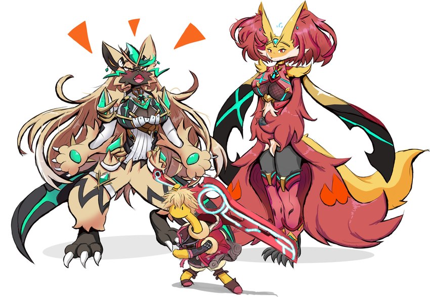 alternate_species anthro big_breasts breasts claws clothed clothing cosplay crossover_cosplay featureless_crotch female fur fur_markings group jacket male markings pantsless red_body red_fur tan_body tan_fur topwear trio yellow_body yellow_fur yellow_skin dapuffster nintendo pokemon xenoblade_(series) xenoblade_chronicles xenoblade_chronicles_1 xenoblade_chronicles_2 mythra_(xenoblade) pyra_(xenoblade) shulk canid canine delphox fox generation_2_pokemon generation_6_pokemon generation_7_pokemon legendary_pokemon mammal pokemon_(species) shuckle zeraora 2024 crossover digital_media_(artwork)