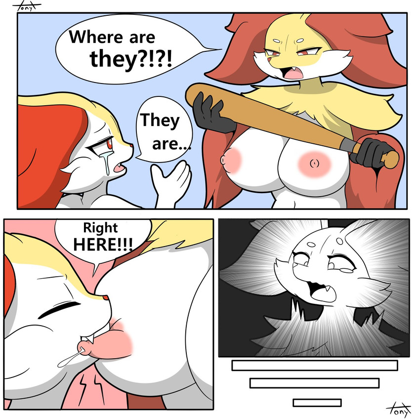 anthro baseball_bat bat_(object) bite bodily_fluids breast_bite breast_play breast_squish breasts crying duo female female/female hostile lactating milk nipple_bite nipple_fetish nipple_play nipples shocked speech_bubble squish sucking surprise tears teeth text tonytoran nintendo pokemon braixen canid canine delphox generation_6_pokemon mammal pokemon_(species) 1:1 comic english_text hi_res