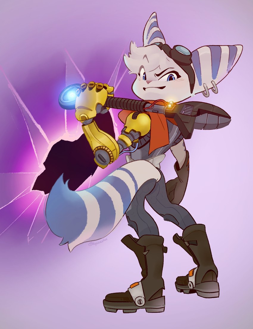 anthro boots clothed clothing ear_piercing ear_ring eyewear eyewear_on_head female footwear goggles goggles_on_head holding_object looking_at_viewer looking_back looking_back_at_viewer mechanical_arm piercing ring_piercing scarf shoes solo kyuuoku ratchet_and_clank sony_corporation sony_interactive_entertainment rivet_(ratchet_and_clank) lombax mammal absurd_res hi_res