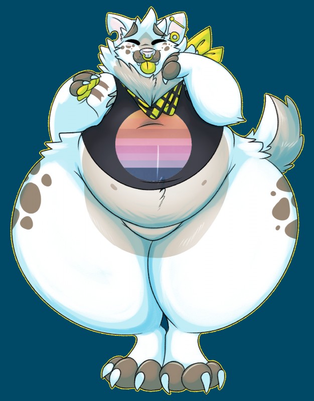 ambiguous_gender anthro belly blue_background bottomless brown_spots clothed clothing eyes_closed fur fur_tuft kerchief multicolored_body multicolored_fur overweight overweight_ambiguous overweight_anthro semi-anthro shirt simple_background solo spots tank_top thick_thighs topwear tuft white_body white_fur wide_hips lunarlillium tyco_griggs canid canine canis domestic_dog mammal 2018 digital_media_(artwork) hi_res