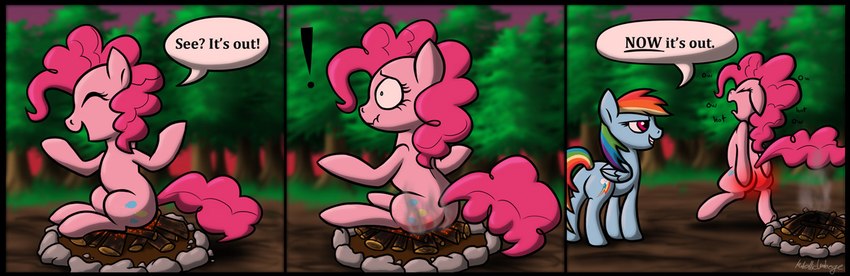 burning butt butt_on_fire campfire cutie_mark dialogue duo female feral fire pain plant semi-anthro smoke speech_bubble stupidity text tree wings metallicumbrage friendship_is_magic hasbro my_little_pony mythology pinkie_pie_(mlp) rainbow_dash_(mlp) earth_pony equid equine horse mammal mythological_creature mythological_equine pegasus pony comic digital_media_(artwork) english_text