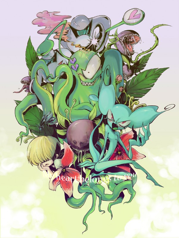 big_ears big_eyes blonde_hair blue_body blue_skin carnivorous_plant crossgender female flower group hair heart_symbol long_legs male not_furry plant red_eyes thin_calves thin_legs thin_thighs morphine_(artist) earthbound_(series) nintendo giygas porky_minch alien human mammal mook starman hi_res