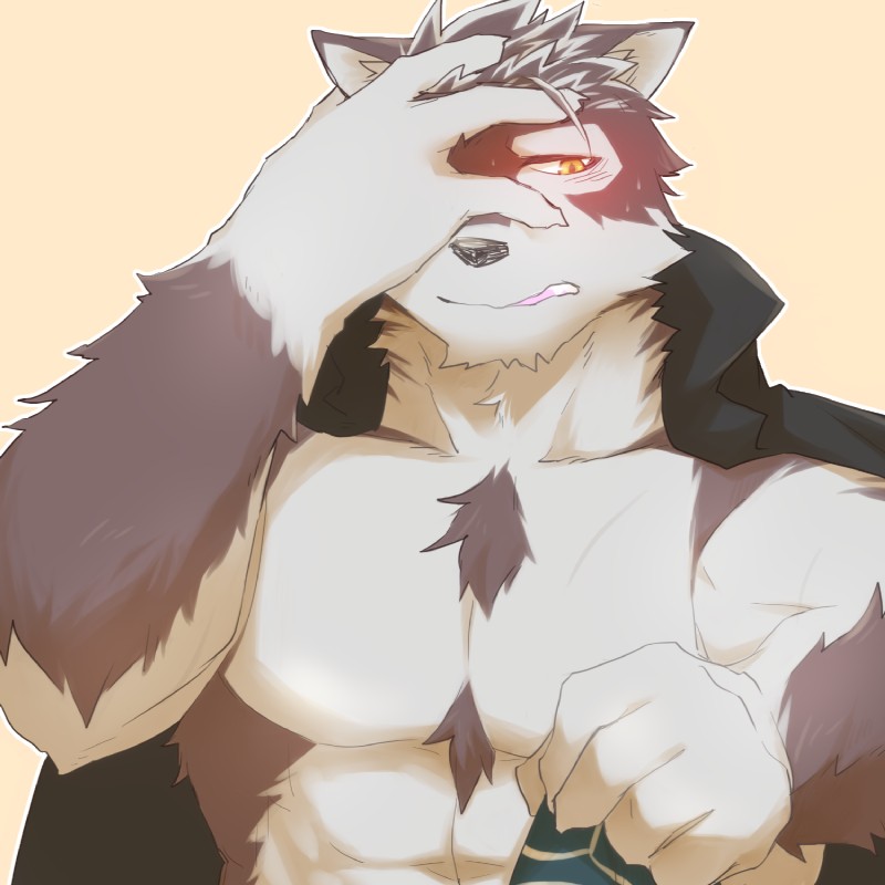 5_fingers abs anthro clothing coat_cape embarrassed fingers front_view fur kemono male multicolored_body multicolored_fur muscular muscular_anthro muscular_male pecs simple_background solo tukae_nai lifewonders tokyo_afterschool_summoners horkeu_kamui_(tas) canid canine canis mammal wolf 1:1 2017 digital_media_(artwork) hi_res