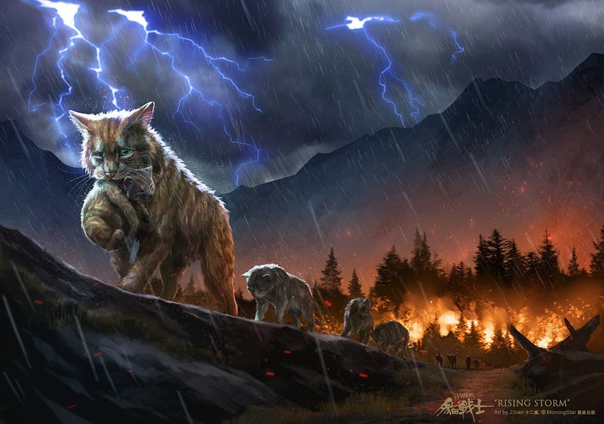 amazing_background ambiguous_gender baby carrying_another cloud detailed_background detailed_fur feral fire forest fur green_eyes group logo mountain outside plant raining silhouette sky striped_body striped_fur stripes text tree walking young young_feral zilven warriors_(book_series) brambleclaw_(warriors) firestar_(warriors) graystripe_(warriors) domestic_cat felid feline felis mammal 2019 chinese_text color_contrast detailed digital_media_(artwork) digital_painting_(artwork) official_art shaded male_(lore)