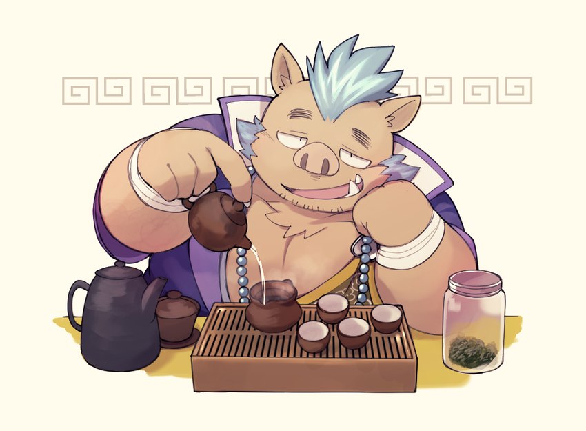 anthro beverage brown_body clothed clothing humanoid_hands kemono male overweight overweight_male solo tea kinoshita-jiroh lifewonders tokyo_afterschool_summoners ganglie_(tas) mammal suid suina sus_(pig) wild_boar 2023