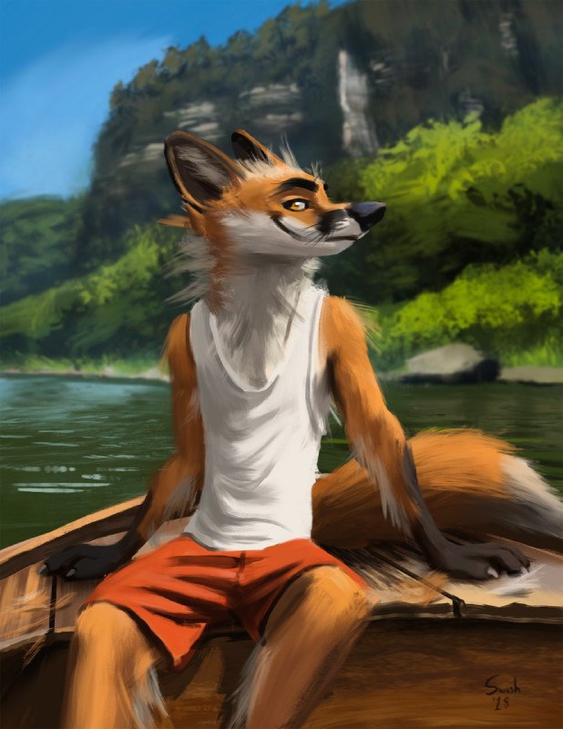 anthro biped boat bottomwear cliff clothed clothing fur inner_ear_fluff large_nose male outside profile shorts sitting sky solo tuft vehicle water watercraft yellow_body yellow_eyes yellow_fur swish canid canine fox mammal hi_res