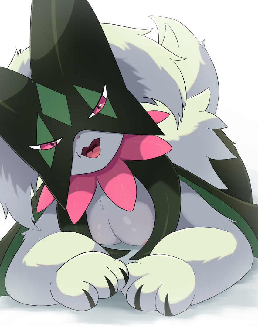 anthro areola barely_visible_areola breasts female fur green_body green_fur green_tail light_body light_fur looking_at_viewer open_mouth pink_areola pink_eyes pink_nose pink_tongue solo tail tongue rumine nintendo pokemon generation_9_pokemon meowscarada pokemon_(species) 2024 hi_res