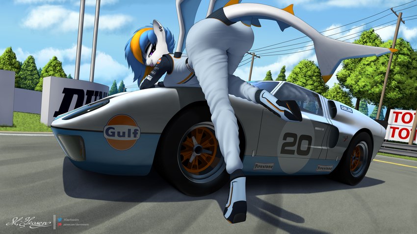 anthro blue_hair butt car clothed clothing cloud detailed_background ear_piercing ear_ring female fin furgonomics gulf_(gasoline) hair looking_at_viewer looking_back membrane_(anatomy) membranous_wings outside pelvic_fins piercing plant purple_eyes race_car race_queen race_track rear_view ring_piercing shadow solo tail tail_fin teeth_showing text tongue_showing tree utility_pole vehicle wings clearvision firestone ford ford_gt40 friendship_is_magic hasbro my_little_pony fan_character gulfstream_(ardee) equid equine fish horse hybrid mammal marine pony shark 2022 absurd_res digital_media_(artwork) hi_res huge_filesize url