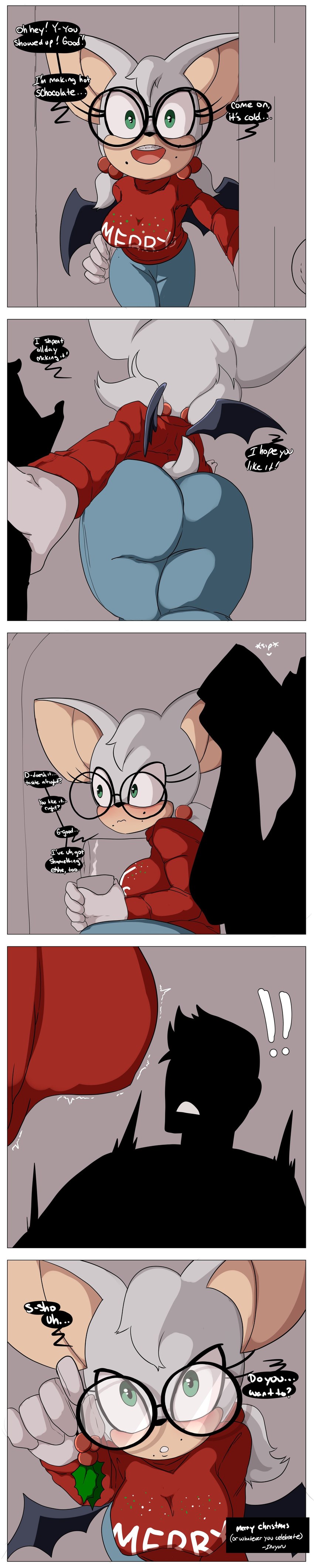 anthro big_breasts big_butt braces breasts butt duo eyewear female glasses green_eyes holidays kiss_request kissing lisp male male/female nerd tail wings inuyuru christmas sega sonic_the_hedgehog_(series) rouge_the_bat bat mammal absurd_res hi_res long_image tall_image