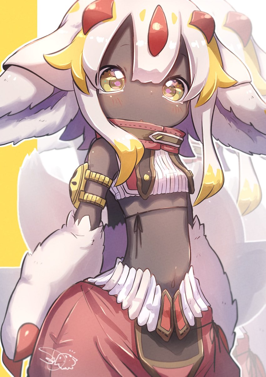 belly blush clothed clothing eye_reflection female fur glistening glistening_eyes hair looking_at_viewer navel open_mouth reflection solo standing white_body white_fur white_hair wide_hips yellow_eyes bandam33 made_in_abyss faputa 2023 hi_res