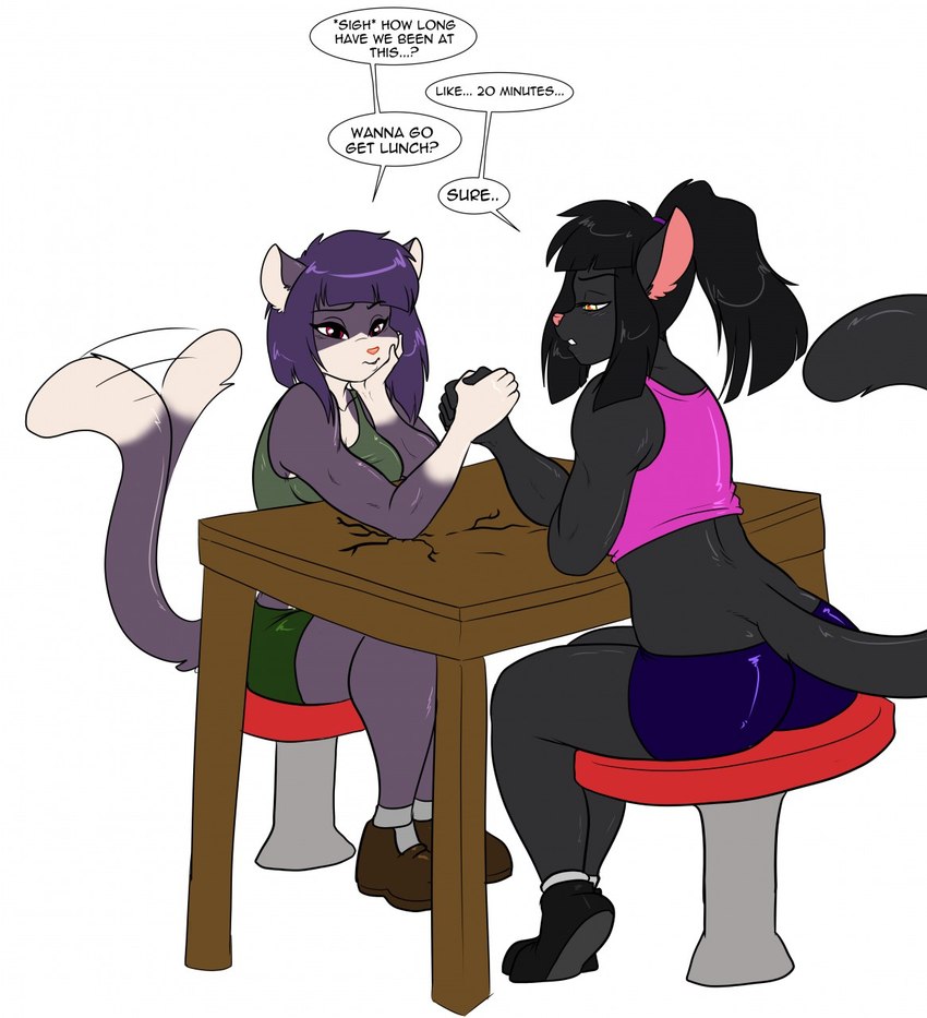 anthro arm_wrestling black_body black_fur black_hair duo female female/female fur hair purple_body purple_fur purple_hair strength tail tail_motion tailwag text skidd las_lindas uberquest rachael_saleigh sesame_akane domestic_cat felid feline felis mammal english_text hi_res