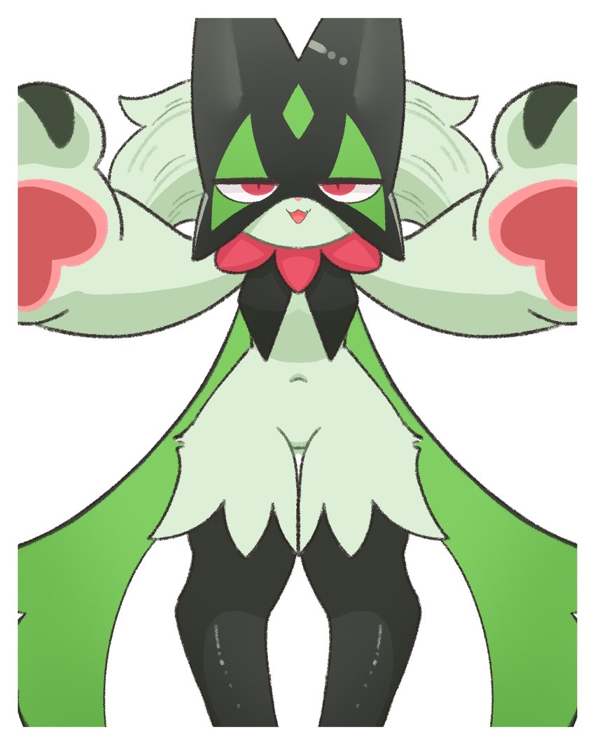 :3 ambiguous_gender anthro biped border featureless_crotch front_view fur green_body green_fur half-closed_eyes head_tuft kemono leg_tuft looking_at_viewer multicolored_body multicolored_fur narrowed_eyes navel nude open_:3 open_mouth open_smile pawpads paws pink_nose pink_pawpads pink_tongue pupils reaching_towards_viewer red_eyes simple_background smile solo standing thigh_gap tongue tuft two_tone_body two_tone_fur white_background white_border lok_cat nintendo pokemon felid feline generation_9_pokemon mammal meowscarada pokemon_(species) 2023 4:5 colored digital_media_(artwork) hi_res portrait shaded three-quarter_portrait