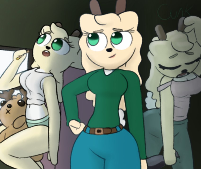 alcohol anthro antlers belt beverage bottomwear breasts cleavage clothed clothing curled_hair denim denim_bottomwear denim_clothing drugs drunk female fluffy fluffy_tail fur green_clothing green_eyes green_shirt green_topwear hair horn jeans longsleeve marijuana mattress oversized_clothing panties pants plushie reference_image shirt simple_background small_waist smoking solo substance_intoxication sweatpants tail tank_top thick_thighs topwear underwear window yellow_body yellow_fur guak jessie_miller_(guak) deer mammal hi_res model_sheet