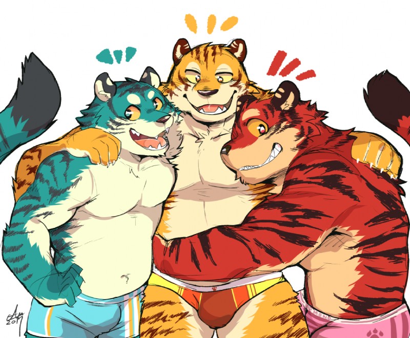 5_fingers anthro blue_body blue_fur boxers_(clothing) briefs clothing fingers fur grin group hug male open_mouth orange_sclera overweight red_body red_fur smile standing tan_body tan_fur underwear yellow_body yellow_fur yellow_sclera ginnosuke felid mammal pantherine tiger