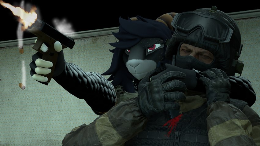 anthro battle blood blue_hair bodily_fluids duo execution fight glock_17 gore gun hair human_shield knife male male/male ranged_weapon red_eyes shooting special_air_service stab weapon demonslairsfm spetsnaz isaac_(demonslairsfm) bovid caprine goat human mammal 16:9 3d_(artwork) digital_media_(artwork) hi_res widescreen