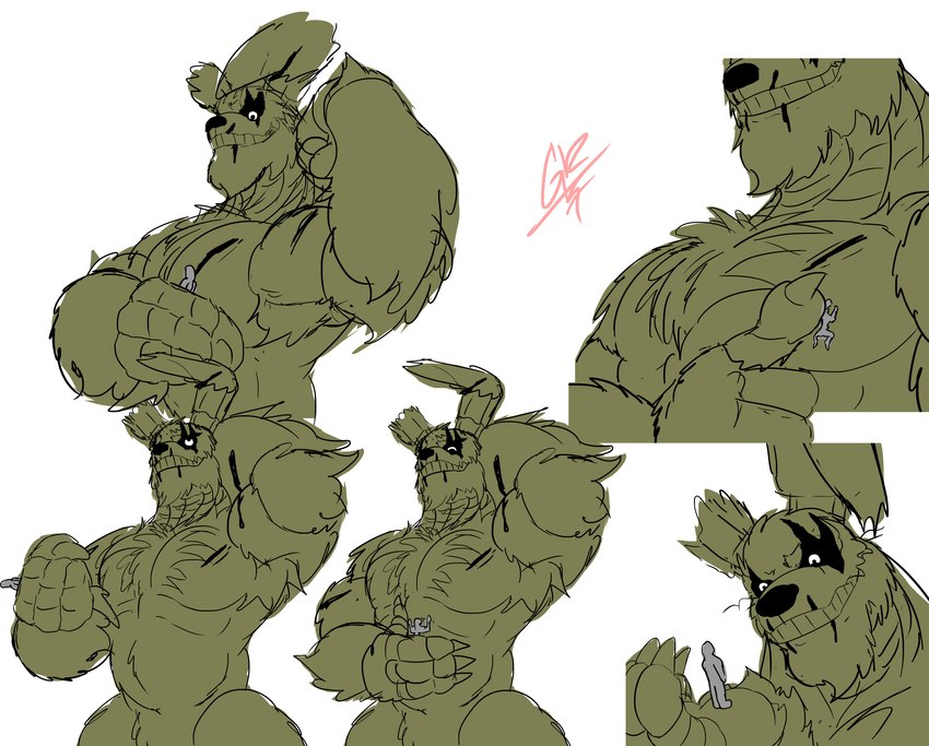 anthro armpit_hair barazoku biceps black_nose body_hair chest_fur crotch_tuft duo extreme_size_difference eyes_closed fur green_body green_fur grey_body grey_skin holding_partner male muscular muscular_anthro muscular_male pecs size_difference smile teeth tuft grilder123 five_nights_at_freddy's five_nights_at_freddy's_3 scottgames anon springtrap_(fnaf) human lagomorph leporid mammal rabbit 2023 absurd_res digital_media_(artwork) hi_res sequence