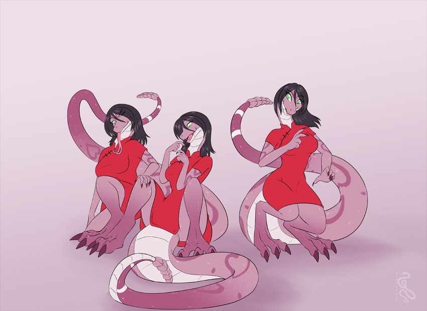 after_transformation anthro barefoot black_hair breasts clothed clothing digitigrade dress feet female green_eyes group hair open_mouth pink_body pink_scales red_clothing red_dress scales simple_background sitting smile tail trio sepisnake scalie 2022 digital_media_(artwork)