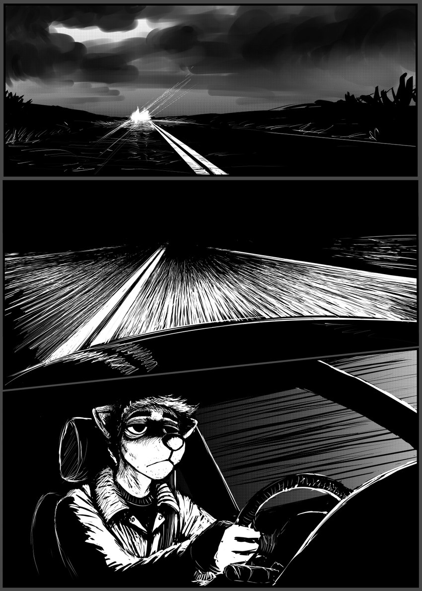 anthro border driving grey_border male road solo hladilnik daniel_(hladilnik) canid canine canis mammal wolf 2021 comic greyscale hi_res monochrome