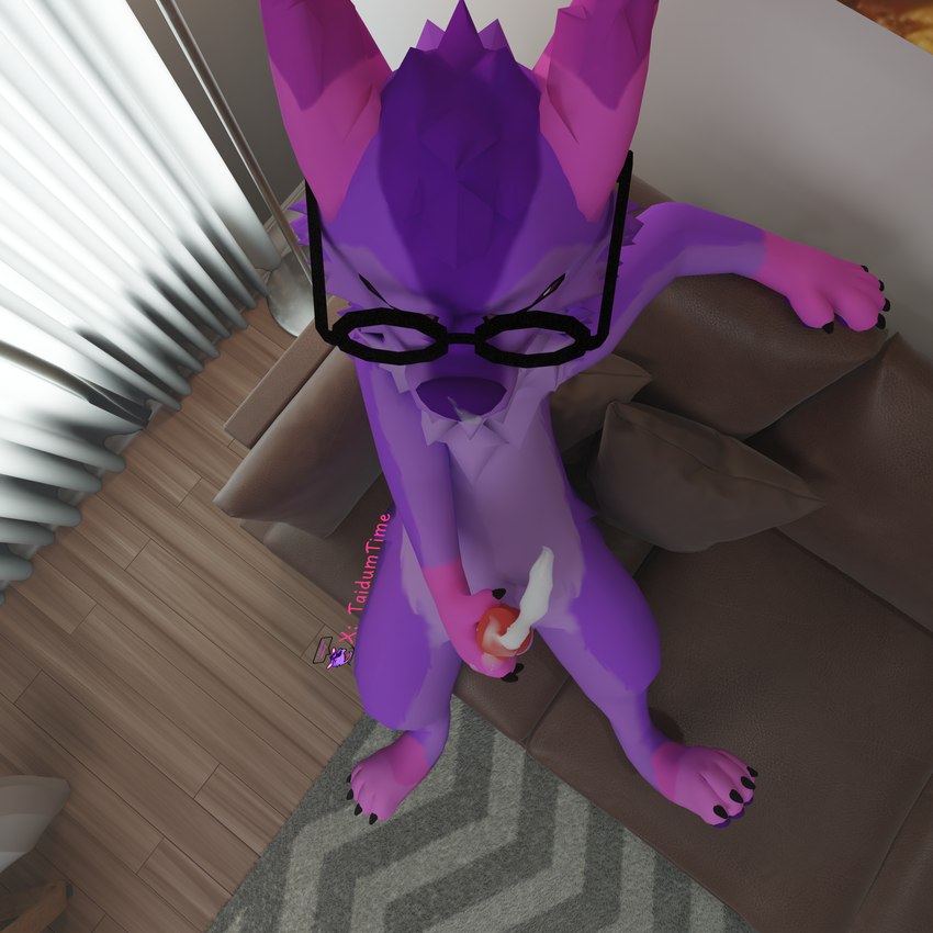 anthro bodily_fluids cum cum_on_face cum_on_penis cumshot ejaculation eyewear fur furniture genital_fluids genitals glasses knot male masturbation penis purple_body purple_fur round_glasses sitting sofa solo vrchat_model taidumtime linnie_(taidumtime) canid canine canis mammal taidum wolf 1:1 3d_(artwork) absurd_res digital_media_(artwork) hi_res huge_filesize