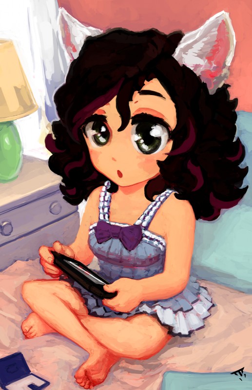 arms_bent barefoot bent_legs breasts clothed clothing crossed_legs dress electronics feet female game_console handheld handheld_console holding_console holding_object holding_vita huge_eyes looking_at_viewer pillow playstation_console sitting small_breasts solo spread_knees vita_console young mechamerc playstation playstation_vita sony_corporation sony_interactive_entertainment animal_humanoid cat_humanoid felid felid_humanoid feline feline_humanoid humanoid mammal mammal_humanoid 2017 hi_res