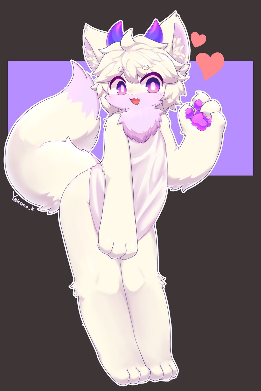 3_toes 4_fingers ambiguous_gender anthro cheek_tuft chest_tuft clothed clothing crossdressing cute_fangs facial_tuft fangs feet femboy fingers fur grey_background hair heart_symbol horn inner_ear_fluff kemono male outline pawpads pink_background pink_pawpads purple_eyes purple_horn simple_background solo tail tail_tuft teeth toes tuft tufted_ears tufted_fur white_body white_fur white_hair white_inner_ear_fluff white_outline white_tail young young_ambiguous young_anthro young_male yakimo mythology bora_(shamid) dragon furred_dragon furred_scalie mythological_creature mythological_scalie scalie 2:3 absurd_res hi_res signature