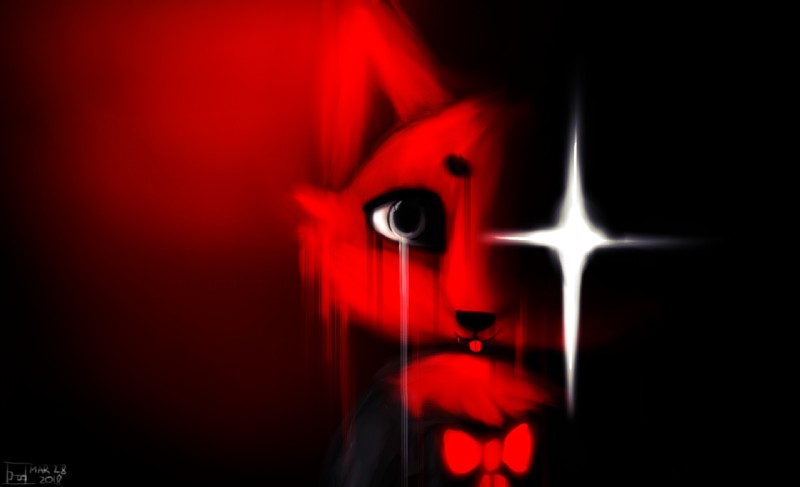 blood bodily_fluids fur looking_at_viewer red_body red_fur ribbons simple_background solo tongue hasukii lemon_demon spirit_phone_(album) 0000000_(hasukii) canid canine mammal