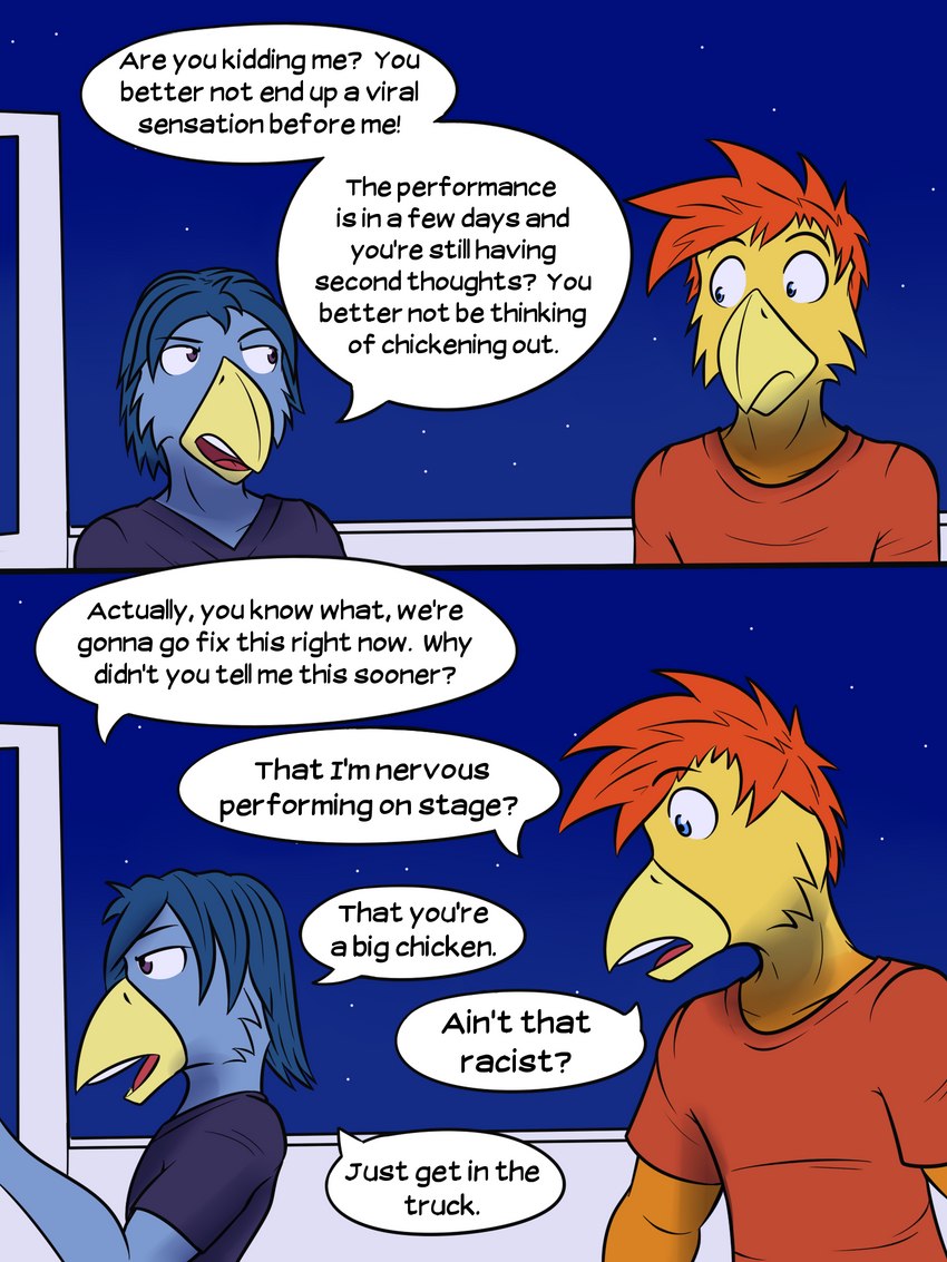 anthro dialogue male night text truck vehicle fuze texnatsu johnny_(texnatsu) josh_oliver avian bird bluebird chicken galliform gallus_(genus) oscine passerine phasianid thrush_(bird) 3:4 comic english_text hi_res