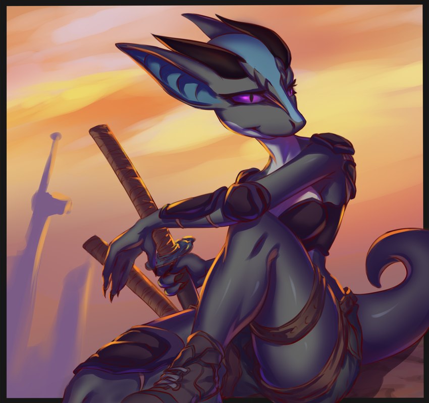 anthro female melee_weapon solo sword tail weapon prisma6 kobold scalie hi_res