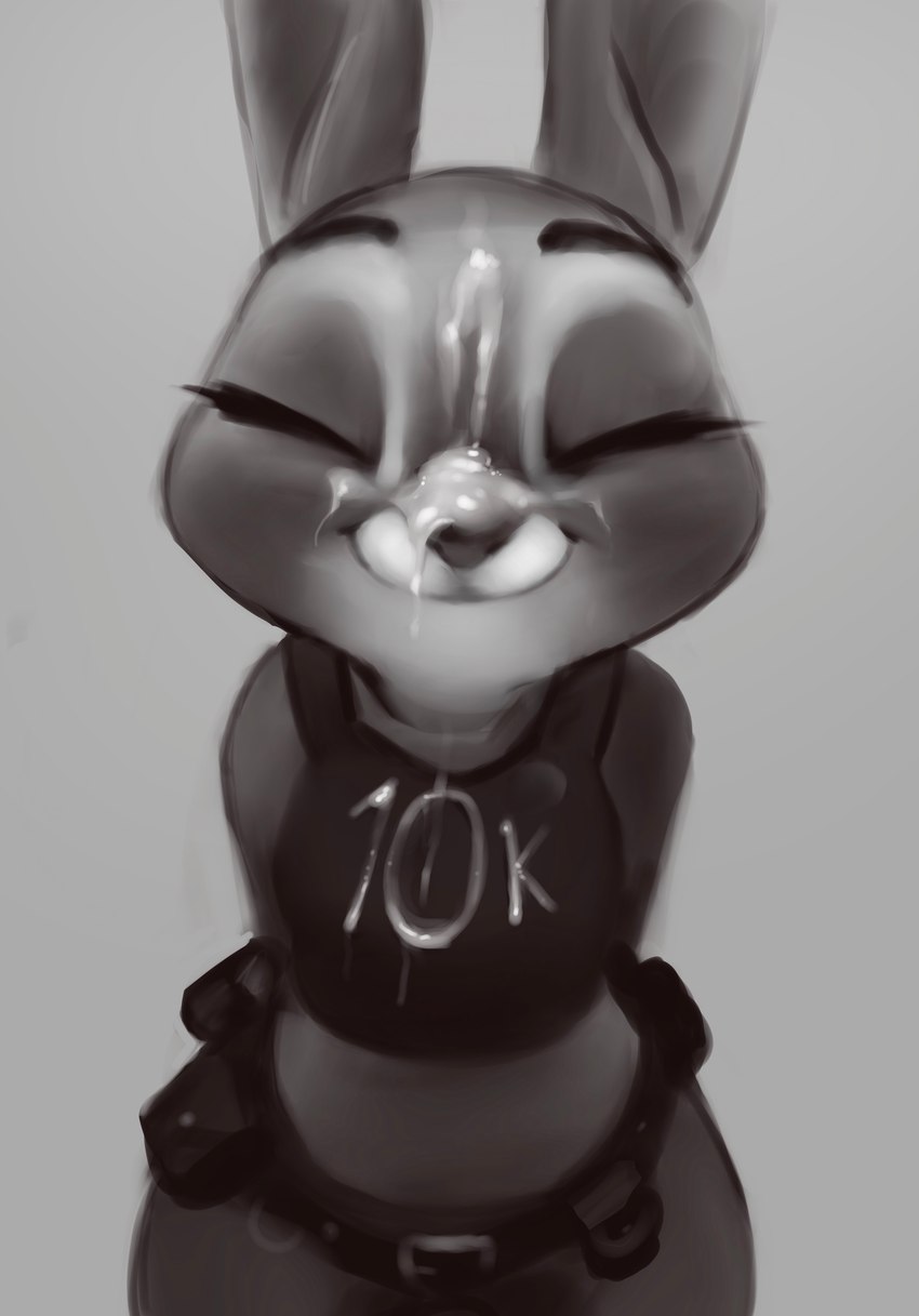 anthro bent_over bodily_fluids clothed clothing cum cum_on_face eyelashes eyes_closed female fluid_on_breasts fur genital_fluids grey_body grey_fur hands_behind_back milestone police police_uniform simple_background smile solo text topwear uniform qupostuv35 disney zootopia judy_hopps lagomorph leporid mammal rabbit 2022 absurd_res digital_media_(artwork) greyscale hi_res monochrome