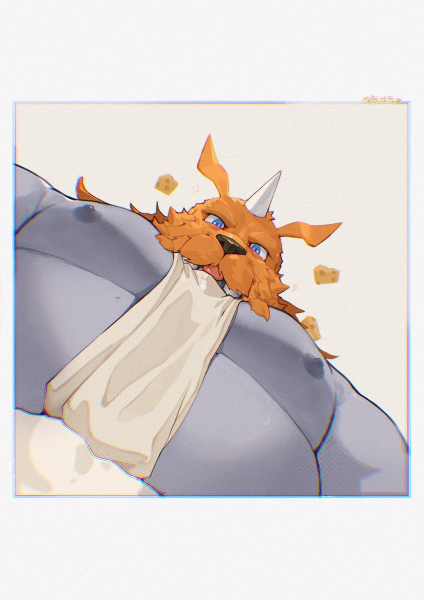 anthro belly fur horn looking_at_viewer looking_down low-angle_view male musclegut muscular nipples orange_body orange_fur pecs solo tusks chenxiao_bull bandai_namco digimon pec_pov_meme digimon_(species) zudomon hi_res meme