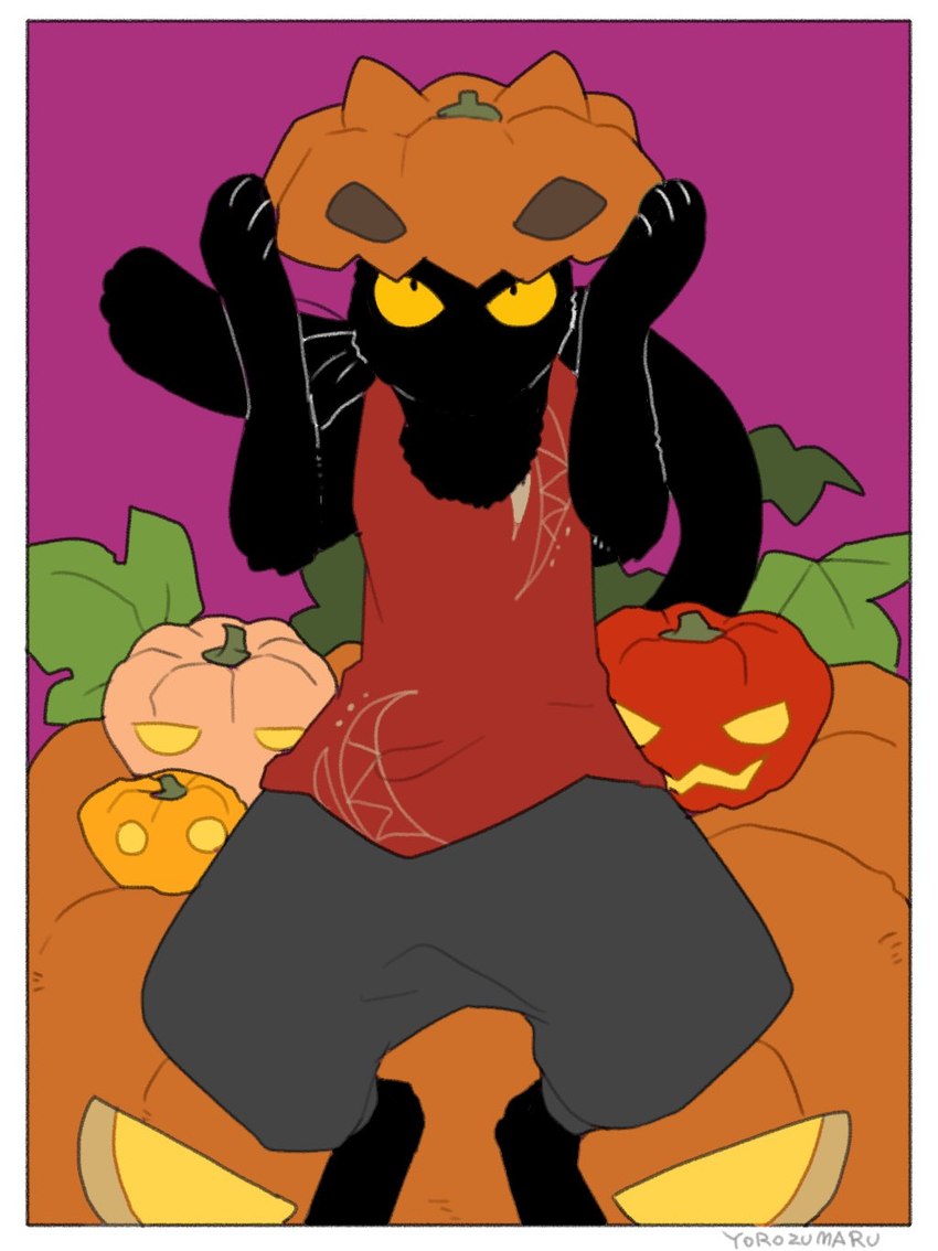 ambiguous_gender anthro black_body clothed clothing jack-o'-lantern solo tail whiskers yellow_eyes yorozumaru urushi_(yorozumaru) domestic_cat felid feline felis mammal 2021 hi_res