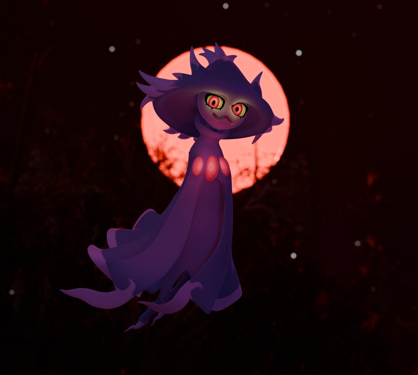 clothing dress eyelashes female floating full_moon looking_at_viewer moon night not_furry pseudo_clothing pseudo_hat purple_body red_background red_eyes simple_background smile solo wavy_mouth yellow_sclera lorded nintendo pokemon generation_4_pokemon ghost humanoid mismagius pokemon_(species) spirit 3d_(artwork) digital_media_(artwork) hi_res