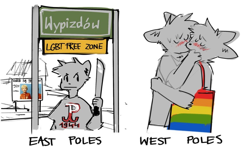 angry anthro bag blush clothing eyes_closed group holding_melee_weapon holding_object holding_weapon hug hugging_another humor kissing lgbt_pride machete male male/male melee_weapon poland pride_colors print_clothing print_shirt print_t-shirt print_topwear rainbow_pride_colors shirt sign simple_background t-shirt text topwear tote_bag trio weapon white_background pochowek ambiguous_species canid canine canis mammal english_text guide_lines hi_res polish_text sketch translated