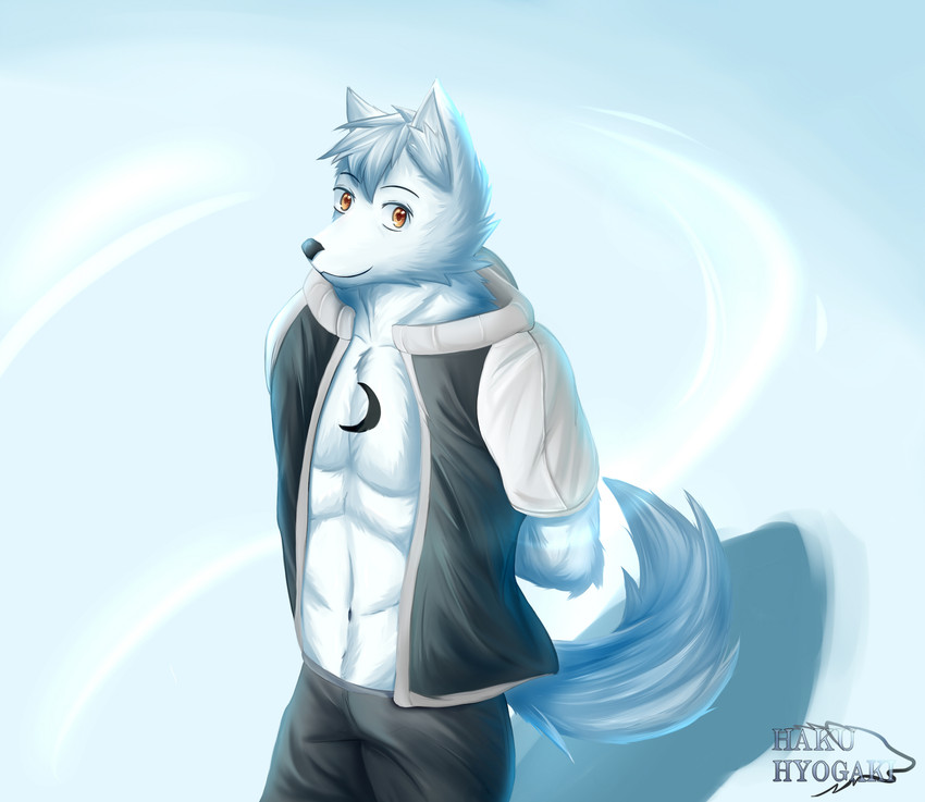 anthro clothed clothing fur hair looking_at_viewer male smile solo standing white_body white_fur hakuhyogaki kai_oosaki canid canine canis mammal wolf absurd_res digital_media_(artwork) hi_res