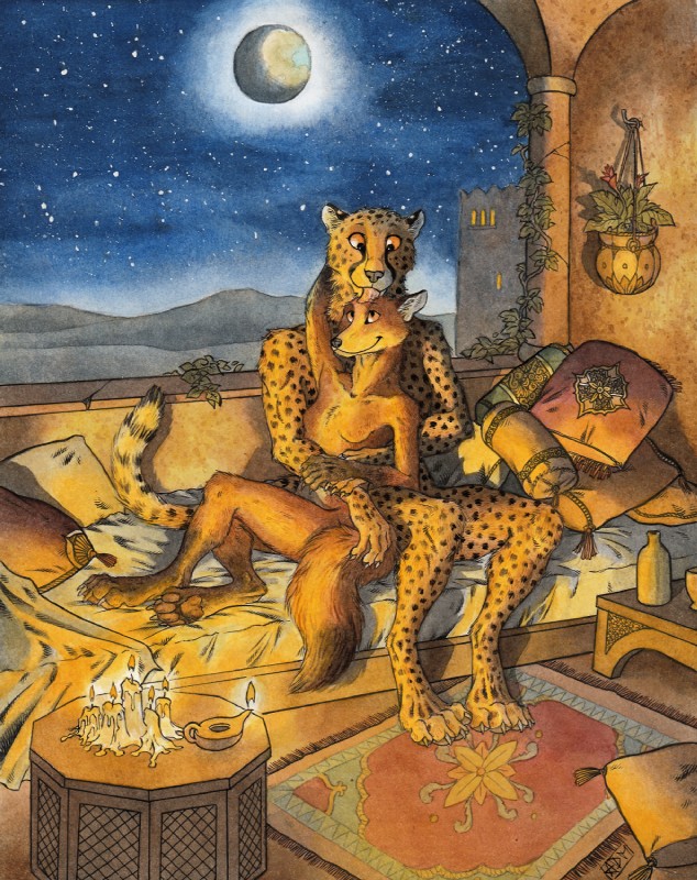 4_toes anthro bed bed_sheet bedding bottle breasts candle claws container detailed_background digitigrade dipstick_tail duo feet female finger_claws firelight fur furniture hand_behind_head hand_on_arm head_lick hill inner_ear_fluff licking light looking_down_at_partner looking_up_at_partner male male/female markings moon moonlight night nude orange_eyes outside pawpads pillow plant plant_pot potted_plant rug shadow sitting sky smile spots spotted_body spotted_fur spotted_markings spotted_tail star starry_sky striped_markings striped_tail stripes table tail tail_markings tan_body tan_fur toe_claws toes tongue tongue_out tuft vines yellow_body yellow_fur 0laffson riya_(titusw) ti'maar_(titusw) canid canine cheetah felid feline fox mammal 2017 hi_res painting_(artwork) signature traditional_media_(artwork) watercolor_(artwork)