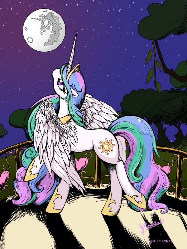 cutie_mark feathered_wings feathers female feral fur hair horn long_hair looking_up moon multicolored_hair night outside plant purple_eyes sky solo star starry_sky tree white_body white_feathers white_fur wings altohearts friendship_is_magic hasbro my_little_pony mythology princess_celestia_(mlp) equid equine mammal mythological_creature mythological_equine winged_unicorn 2014 3:4 hi_res